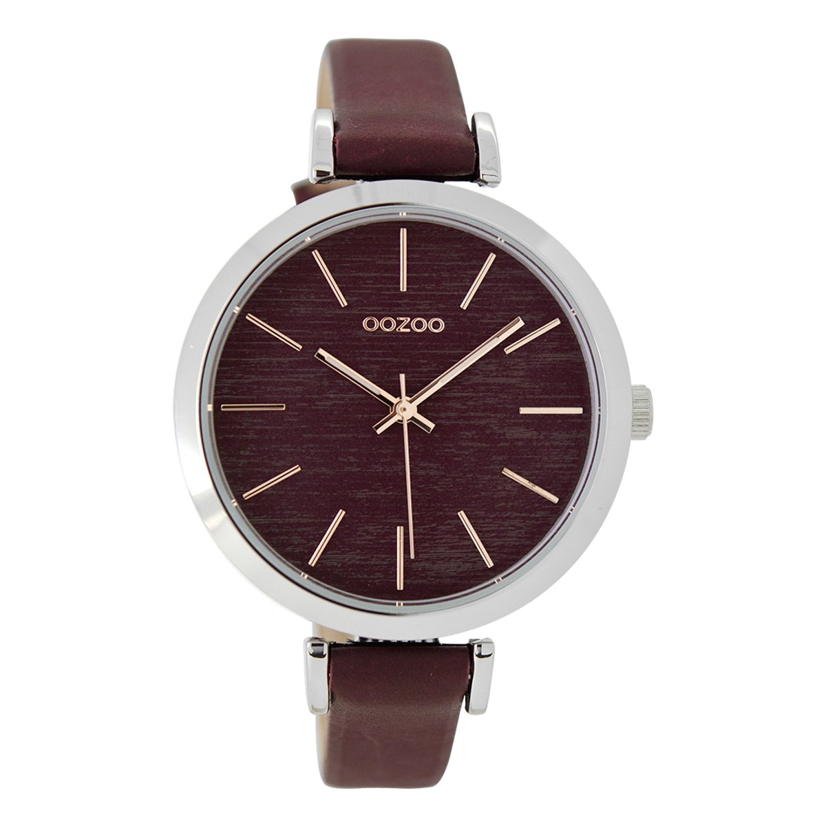 OOZOO Timepieces - Zilverkleurige horloge met bordeaux rode leren band - C9137