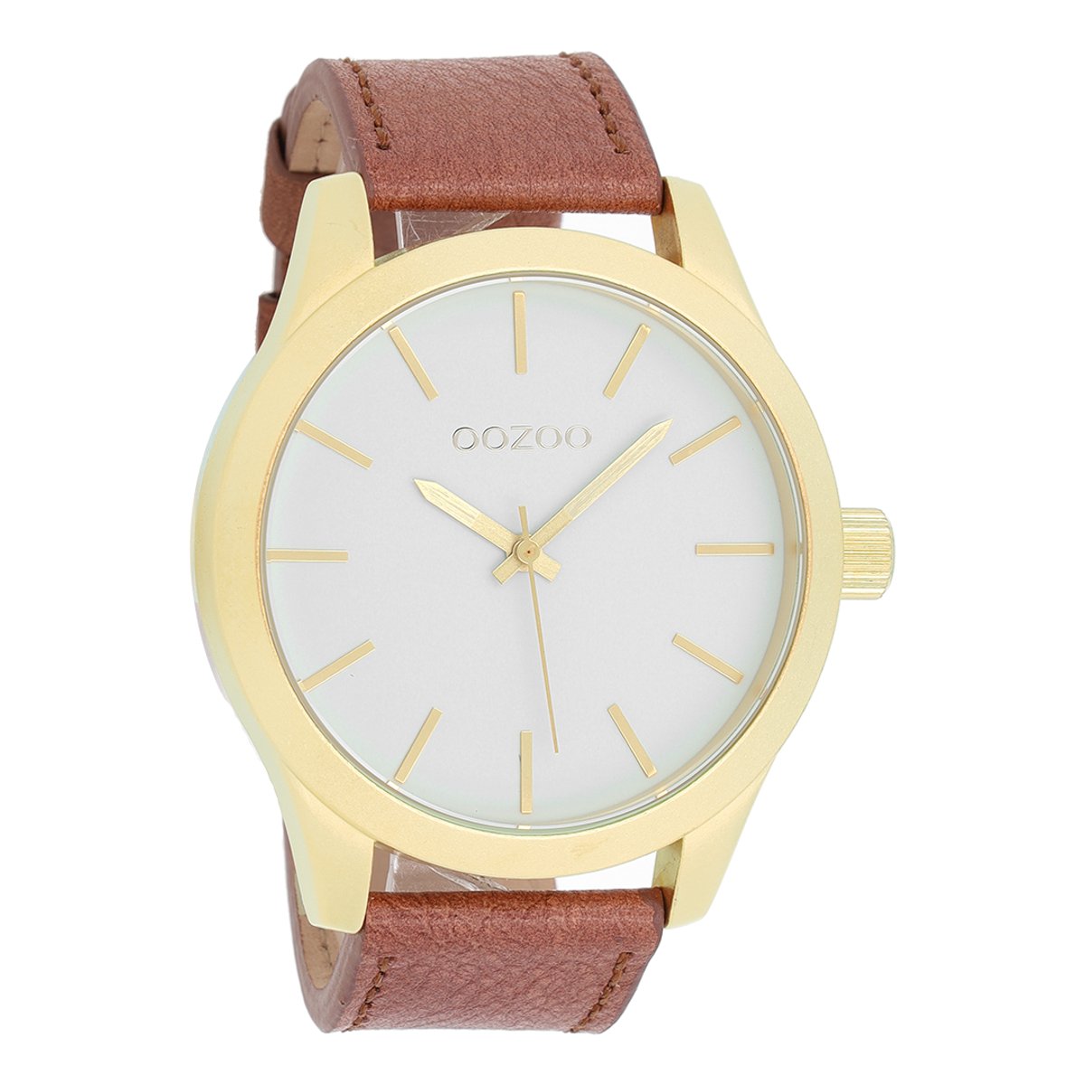 OOZOO Timepieces - Goudkleurige horloge met bruine leren band - C8557