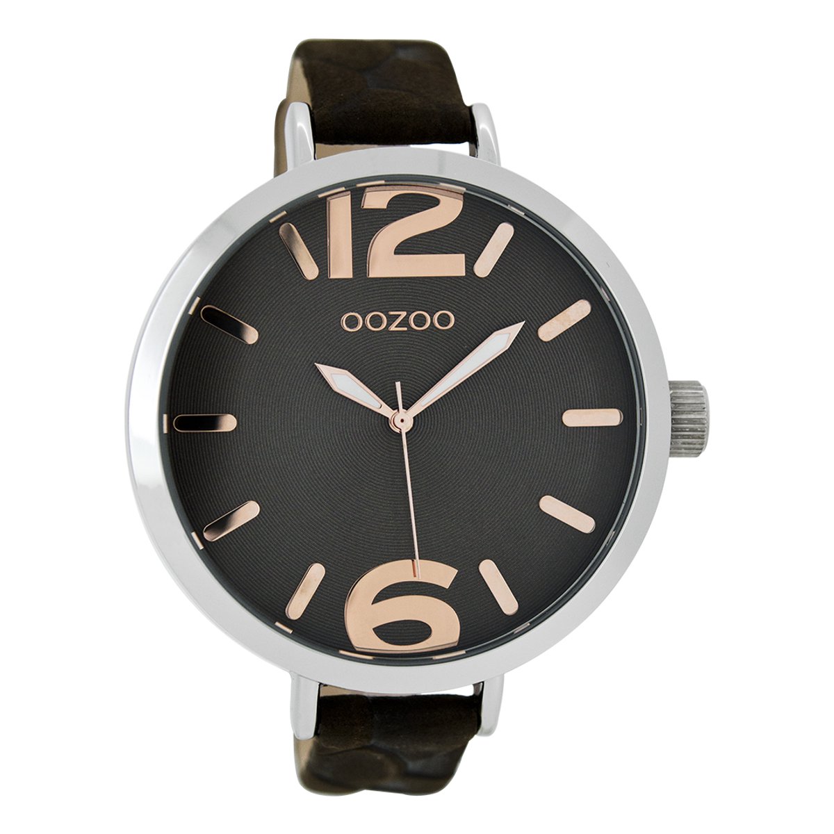 OOZOO Timepieces - Zilverkleurige horloge met donker bruine leren band - C7513