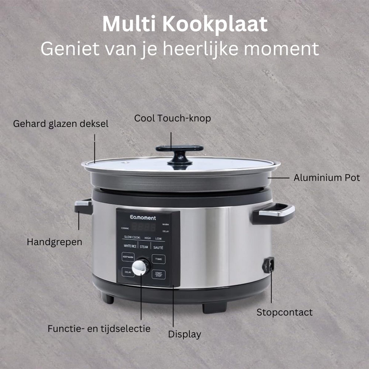 Afbeelding 3 van ApexArte® Slowcooker met Timer - Keramische Binnenpan - Hotpot - Zwart en Zilver