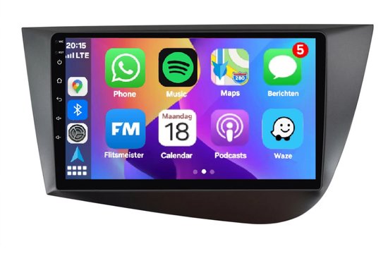 Een grijs autoradio-frame met een 9-inch touchscreen waarop Apple CarPlay-icoontjes worden getoond.