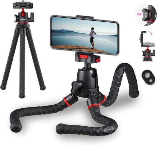 Sounix telefoon statief - Tripod Smartphone met Bluetooth Afstandsbediening - 2 in 1 Flexibele Statief - Telefoonhouder - Zwart