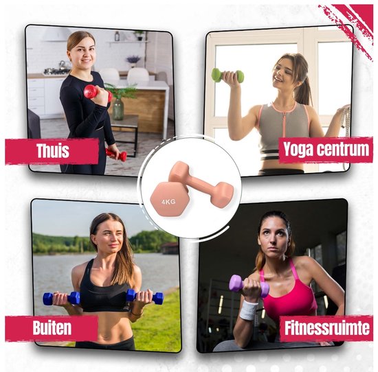 Collage de quatre femmes utilisant divers haltères dans différents contextes.