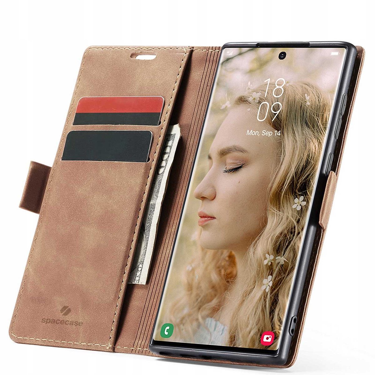 Spacecase Wallet Case Voor Galaxy S22 Ultra Leder Lichtbruin