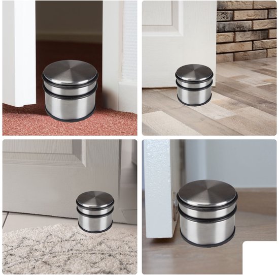 Perel Roestvrijstalen deurstopper, zonder boren, met antislip rubberen onderkant, 75 mm hoog en 90 mm diameter, voor een subtiele maar effectieve grip, ideaal voor elk interieur, grijs, 1 kg