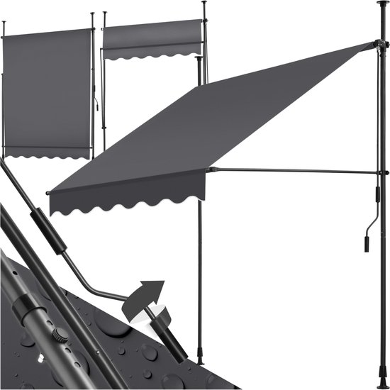 Auvent anthracite avec bord ondulé, réglé à différentes hauteurs et angles. Les détails de montage et le mécanisme d'enroulement sont clairs.