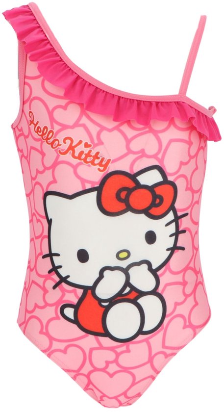 Roze badpak met Hello Kitty print, strik en hartjespatroon. Ruches langs de rand.