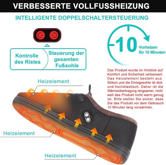 Zwart verwarmde pantoffel met ingebouwde verwarmingselementen voor volledige voetverwarming, met aanwijzingen voor controle van de rist en de gehele zool. 10 minuten voorverwarmen.