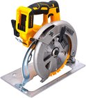 DeWalt cirkelzaag in zwart en geel met metalen voet.