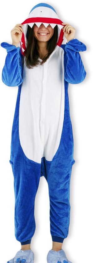 BoefieBoef Kinder Onesie Haai – Warme Dieren Pyjama 5-9 Jaar – Fluffy Verkleedpak & Fleece Huispak – Jongens & Meisjes – Zwemles Pyjama – Carnaval, Halloween & Sinterklaas Cadeau – Jumpsuit met Capuchon – 115-130 cm - blauw