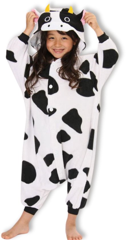 BoefieBoef Kinder Onesie Koe – Warme Dieren Pyjama 5-9 Jaar – Fluffy Verkleedpak & Fleece Huispak – Jongens & Meisjes – Zwemles Pyjama – Carnaval, Halloween & Sinterklaas Cadeau – Jumpsuit met Capuchon – 115-130 cm - Wit