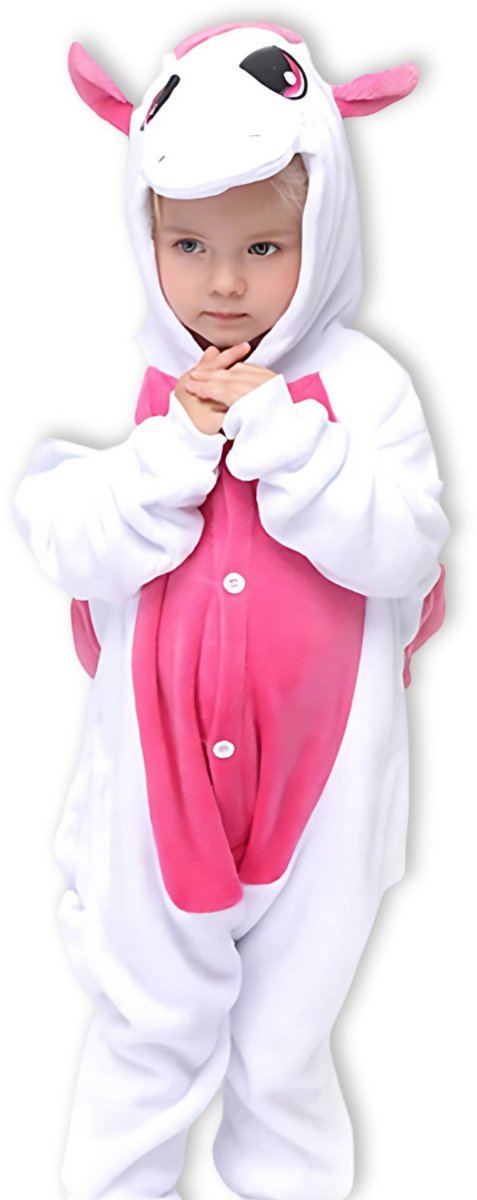 BoefieBoef Kinder Onesie Unicorn – Peuter & Kleuter Pyjama 2-5 Jaar – Dieren Verkleedpak – Flanel Jumpsuit met Capuchon – Knuffelpak & Huispak – Zwemles – Carnaval, Halloween & Sinterklaas Cadeau – Jongens & Meisjes 95-110 cm - Eenhoorn Roze Wit