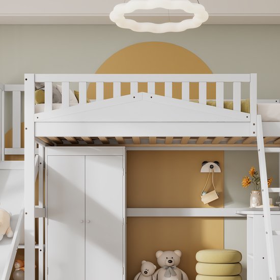 Lit mezzanine Sweiko - 90x200 cm - avec table + armoire + toboggan - Pin + MDF - Wit