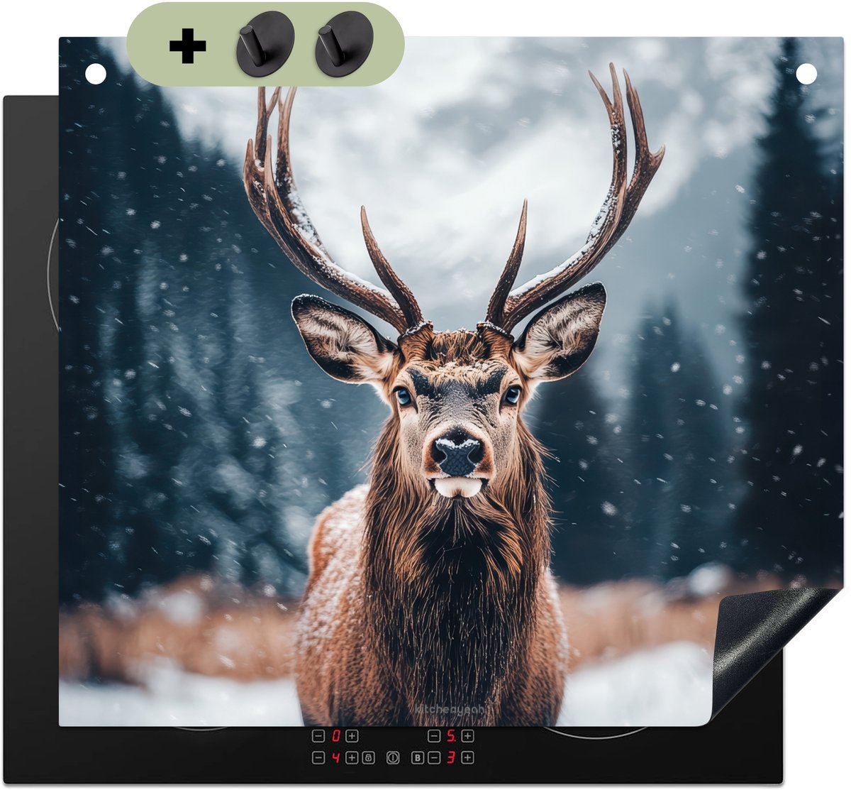 KitchenYeah® Inductie beschermer 59x51 cm - Hert - Winter - Hertenkop - Sneeuw - Gewei - Kookplaataccessoires - Afdekplaat voor kookplaat & Spatscherm achterwand - Inductiebeschermer - Inductiemat - Inductieplaat mat - Keuken decoratie