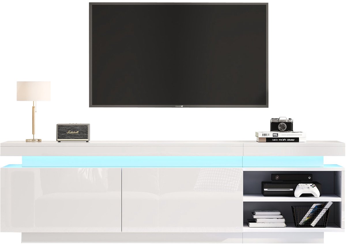 Merax Modern Lowboard TV-Kast met LED-Verlichting - Geschikt voor 75 Inch TV’s - Opslagruimte en Kabelmanagement - Wit