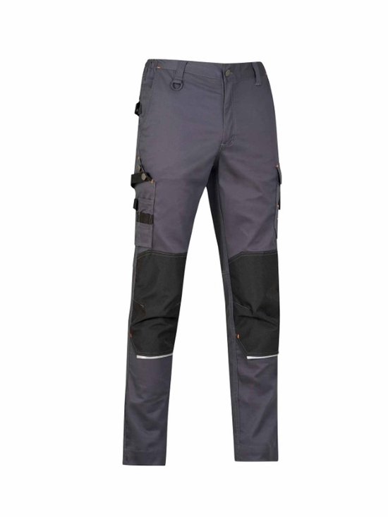 Pantalon de travail gris foncé avec genouillères noires, détails orange et éléments réfléchissants.