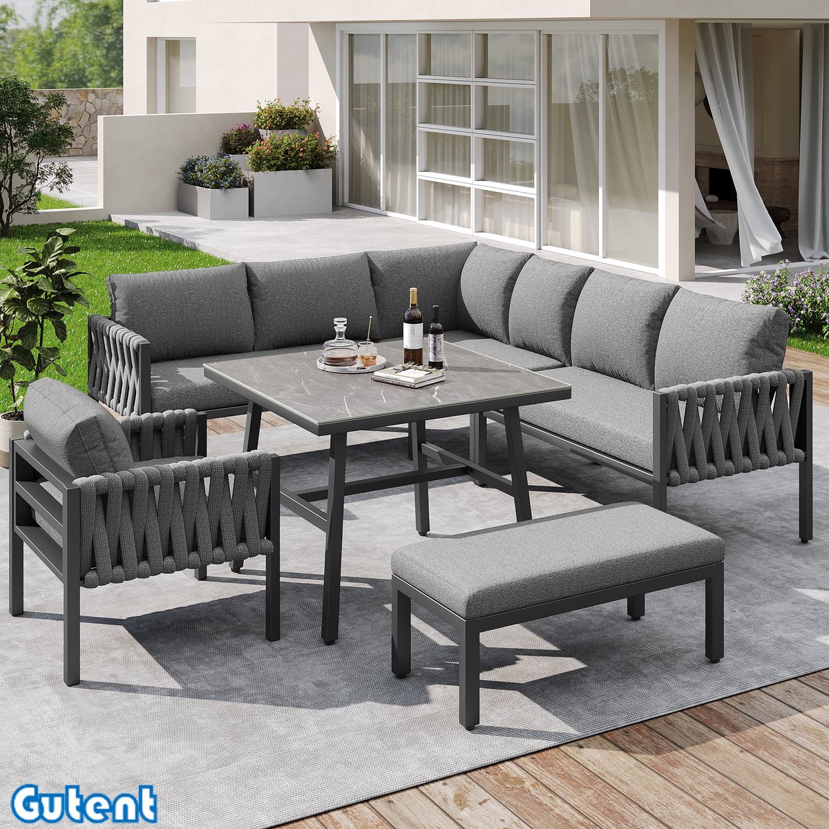 Gutent Tuinmeubelset - Touw - Gegalvaniseerd ijzeren frame - Verstelbare poten - Hoekbank - Gehard glas - Alle zitkussens en kussens inbegrepen - Grijs