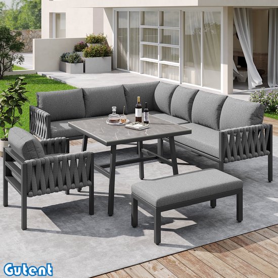 Gutent Tuinmeubelset - Touw - Gegalvaniseerd ijzeren frame - Verstelbare poten - Hoekbank - Gehard glas - Alle zitkussens en kussens inbegrepen - Grijs
