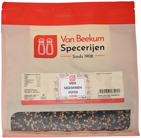 Een doorzichtige, hersluitbare zak met het logo van Van Beekum Specerijen. De zak bevat vier seizoenen peperkorrels in rood, groen en wit.
