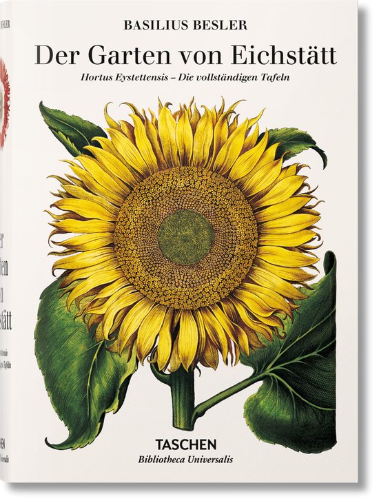 Boek "Der Garten von Eichstätt" met een illustratie van een grote zonnebloem met bladeren.