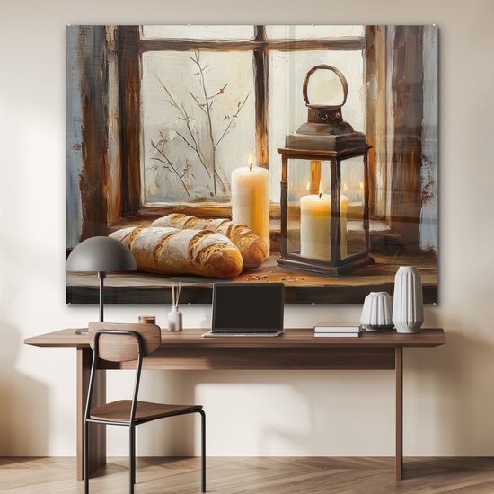 MuchoWow® Peinture sur verre 160x120 cm - Peinture sur verre acrylique - Nature morte - Rustique - Bougies - Pains - Fenêtre - Photo sur verre - Décoration murale salon - Décoration murale chambre - Peintures