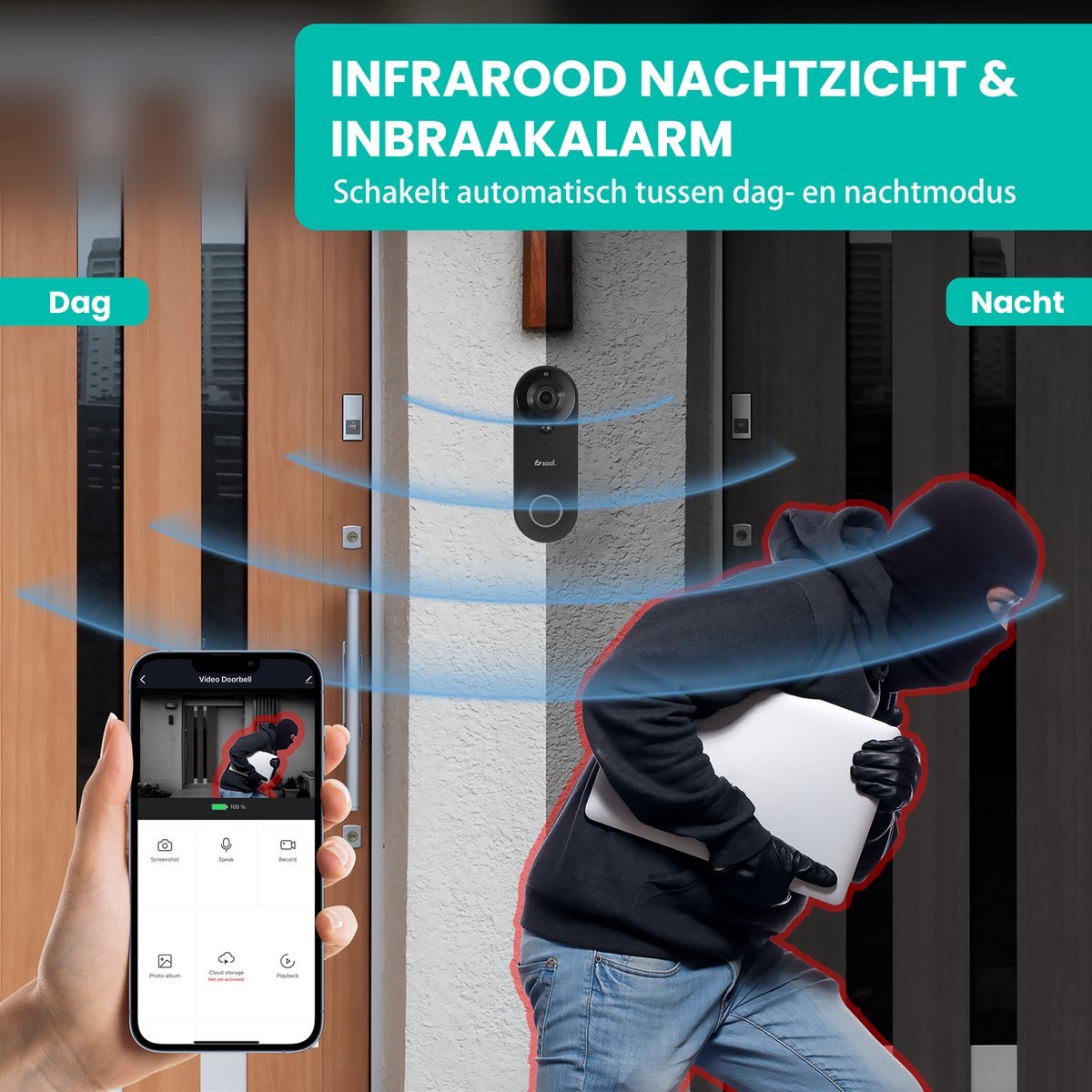 Afbeelding 3 van Video Deurbel met Camera - Inc. Gong & 128GB SD - Draadloos - Slimme Deurbel - Gratis App - Zwart - van Saaf