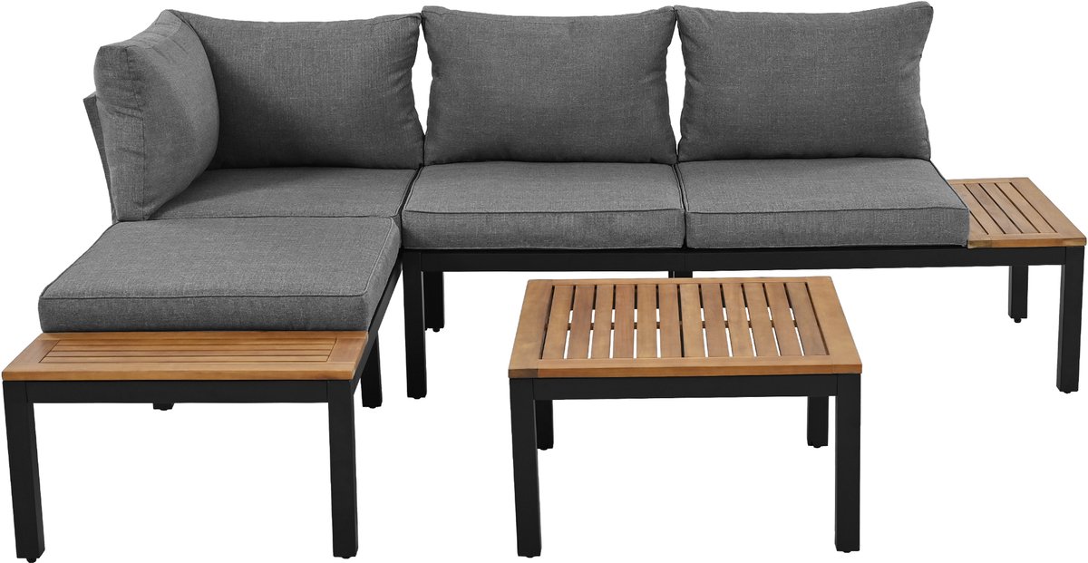 Gutent Tuin Loungeset - 2 Zitters - 2 Bijzettafels - 1 Tafel - Massief Acaciahout - Stoffen Bekleding voor Rugleuning - Grijs
