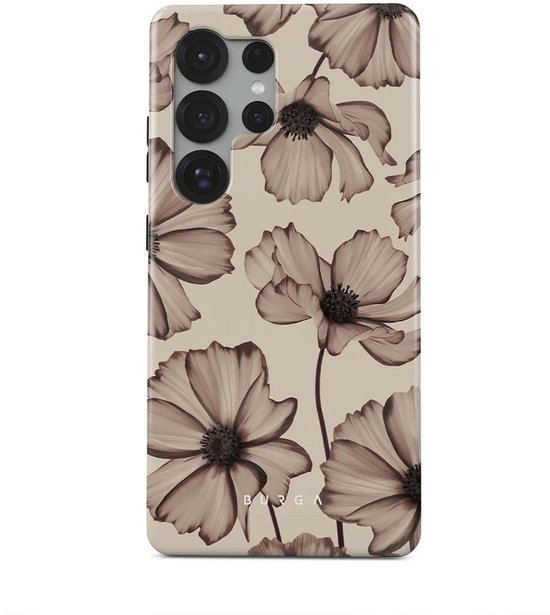 Telefoonhoes met beige achtergrond en gedetailleerde bloemenprint.