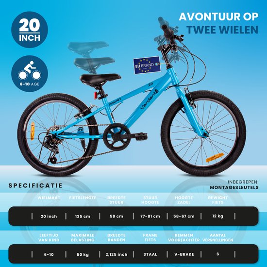 Verdant Bike Kinderfiets voor jongens van 6 tot 10 jaar, 20 inch Blauw, wielmaat te kiezen uit 6 versnellingen Shimano, in hoogte verstelbaar van Verdant Bike — afbeelding 5