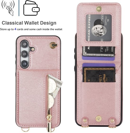 Roségouden telefoonhoesje met ritssluiting, kaarthouder voor 4 kaarten en wat geld. "Classical Wallet Design"