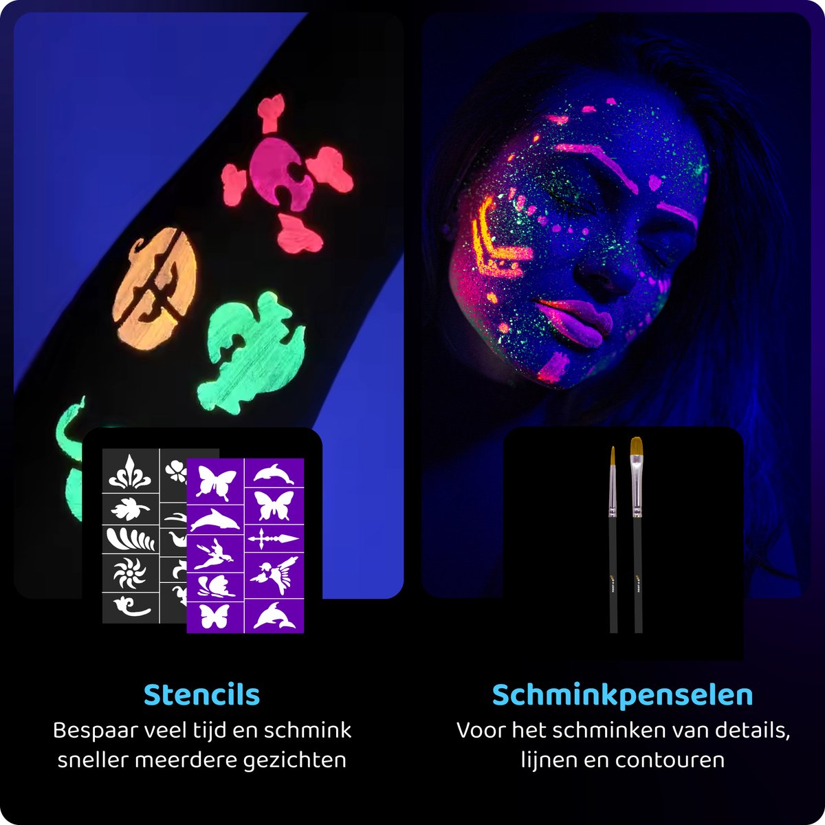 Paint-A-Boo Glow in the Dark Kinderschmink - 8 Kleuren - Neon Schmink - Schminkset Waterbasis - Face Paint - 24 Gezichten - 30 Voorbeelden — afbeelding 7