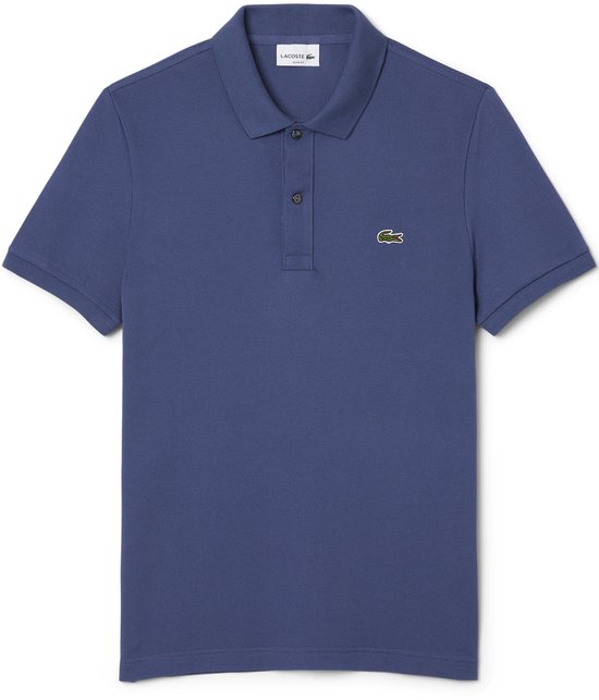 Donkerblauw Lacoste poloshirt met korte mouwen, knoopsluiting en een geborduurd groen krokodilletje.