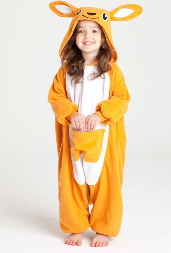 KIMU Onesie Kangoeroe Pakje - Maat 110-116 - Kangoeroepak Kostuum Oranje Buidel Pak - Kinder Zacht Huispak Dierenpak Pyjama Jongen Meisje Halloween