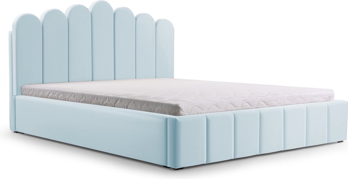 Tweepersoonsbed met fluwelen bekleding, met hoofdeinde, lattenbodem, bed voor volwassenen - BED 03 - 160x200 - Lichtblauw (TRINITY 22)