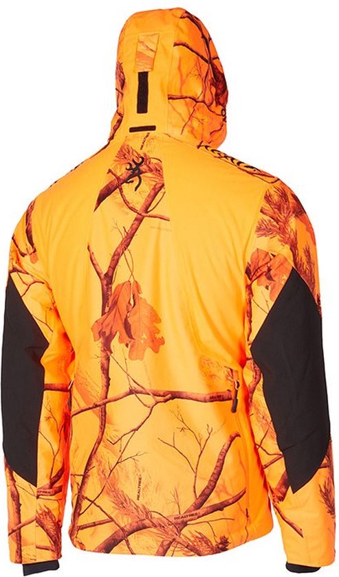 Arrière de la parka de chasse Browning orange avec imprimé camouflage de branches et feuilles, et accents noirs sur les manches.