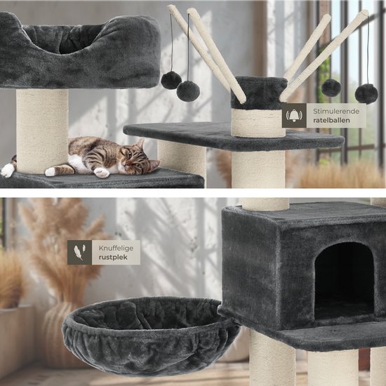 tectake® Kattenboom XXL - Grote Krabpaal, 195 cm - Plafondhoge krabpaal - Klimboom met ligmanden, hangmatjes, trap en huisjes - Stabiel met sisal bekleed - Speelboom voor katten - Grijs/Wit