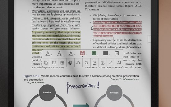 E-paper apparaat toont een tekstpagina met markeringen en aantekeningen, en een diagram.