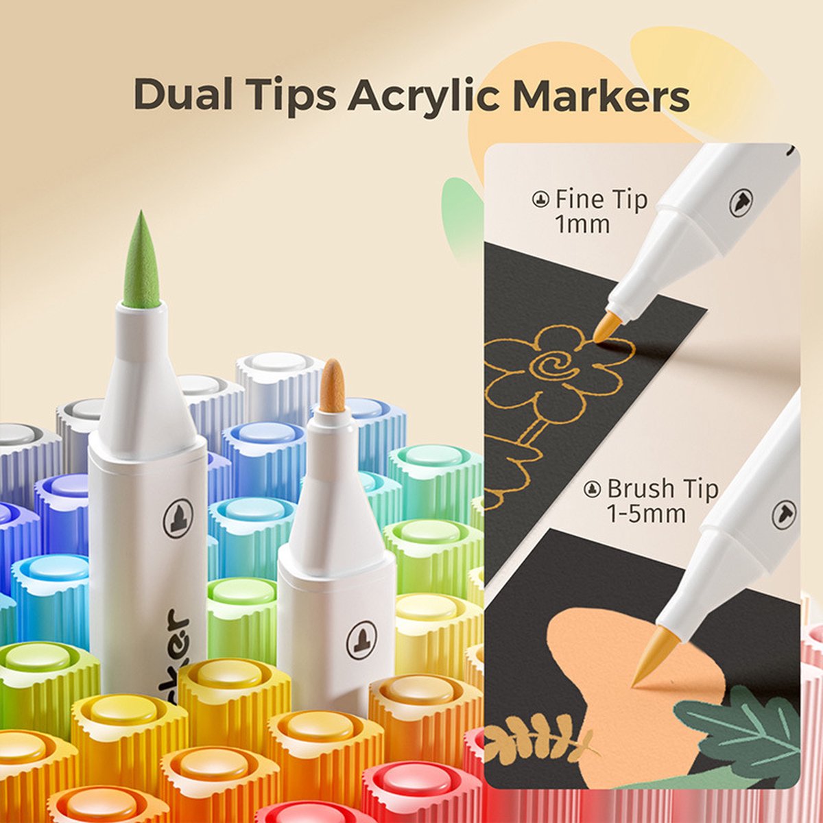 60 Acrylstiften Dual tip -Acryl Marker Verfstiften(60 stuks grote capaciteit) - Acrylverf - 60 Kleuren met doos- met dubbele penpunt- Acrylverf Tekenset- Acrylic Verf Markers Met Fijne Tip Ronde Tip -Voor Schilderen Canvas Glas Keramiek Decoreren — afbeelding 9