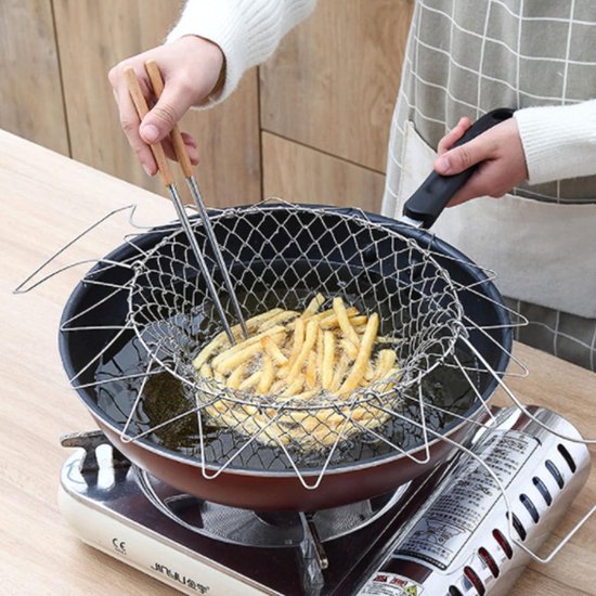 Friteuse Manden - Roestvrijstalen opvouwbare voedselzeef, compact gaas frituurgereedschap, gemakkelijk mee te nemen, multifunctionele keukenaccessoire, kookmand voor picknick, barbecue en feesten