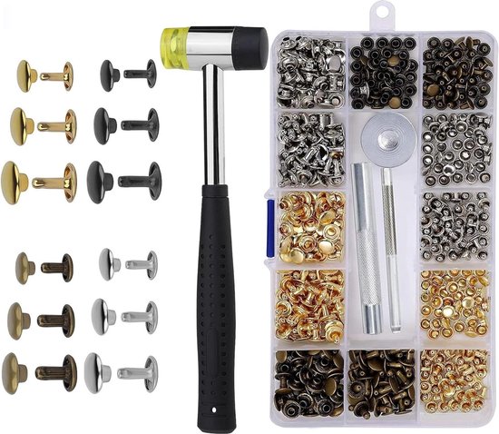 Set de rivets 300 pièces - Rivets métal cuir - Double capuchon - Pince à rivets - Pince à trous - Rivets creux 8 mm 6 mm - Cuir et habillement - 3 outils
