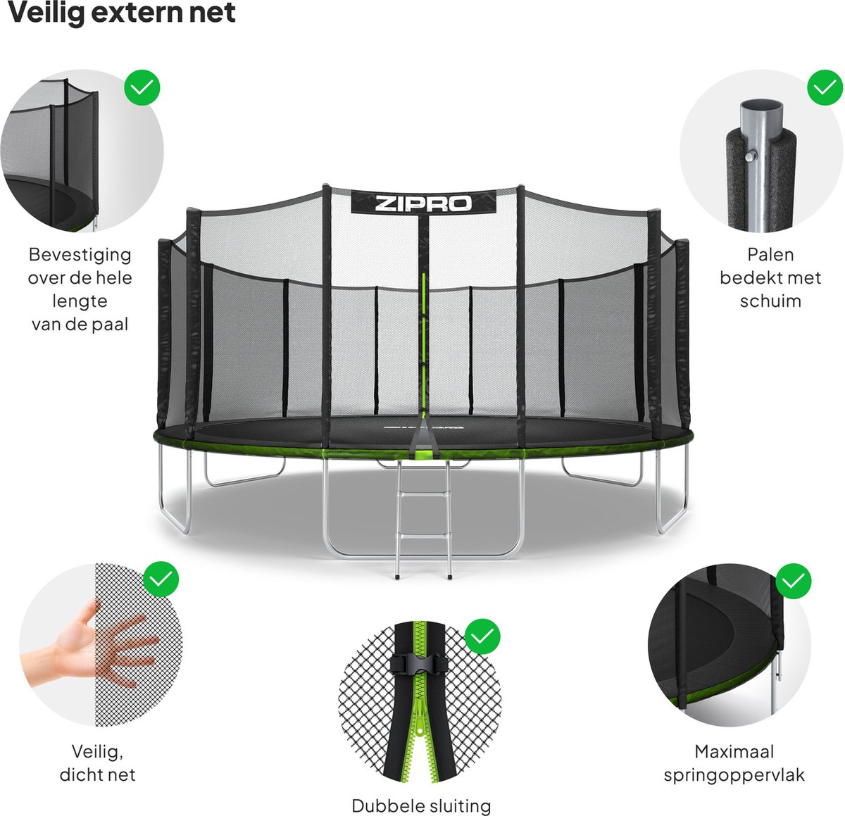 ZIPRO Jump Pro OUT - Trampoline met veiligheidsnet - Ø496cm 16FT - Voor kinderen en volwassenen - Inclusief Ladder - max. 150 kg - Extra Groot - UV-bestendig — afbeelding 8