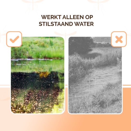 Twee afbeeldingen van water. Links een rustige vijver met een vinkje, rechts een kabbelend water met een kruis. Werkt alleen op stilstaand water.