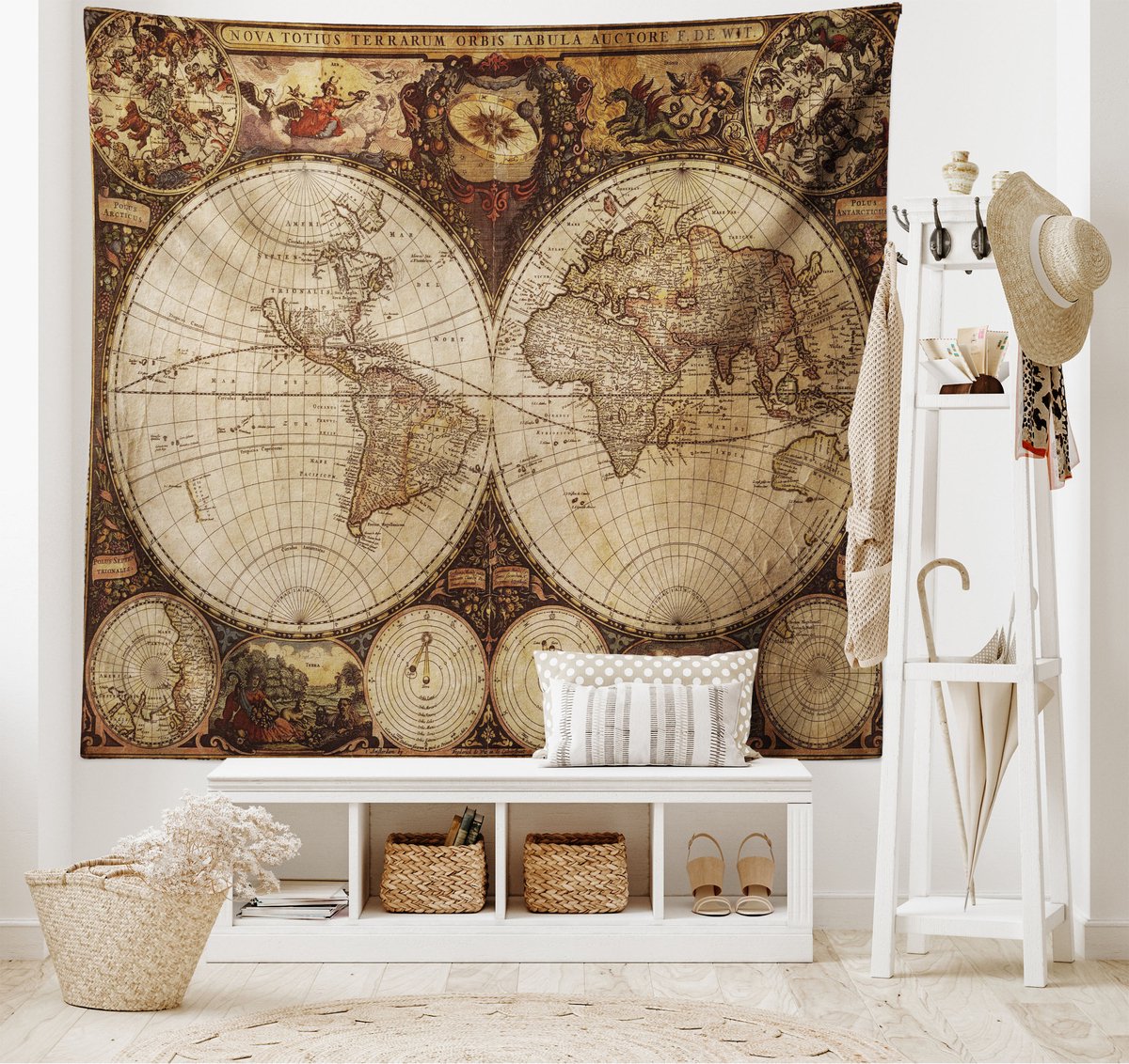 New Bed Wereldkaart Historische oude atlas Wandkleed, Stoffen Muurdecoratie, 230 cm 140 cm