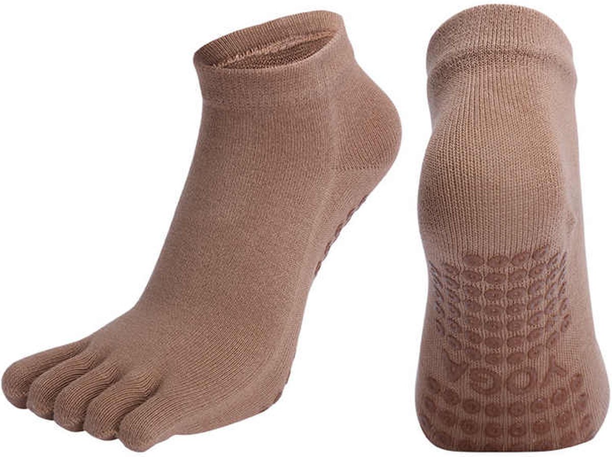 Without Lemon - Yoga Sokken - Antislip - Teensokken - Pilates - Sporten - Elastic - Comfort - One Size (Maat 36-41) - 1 Paar - Bruin