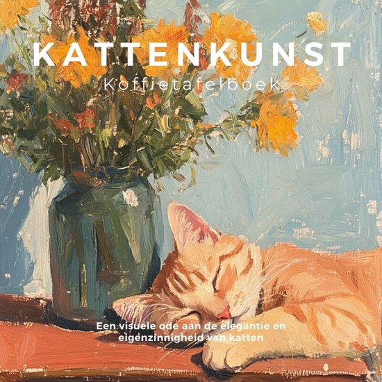 Een slapende oranje kat ligt naast een vaas met gele bloemen. De titel 'KATTENKUNST' staat bovenaan.