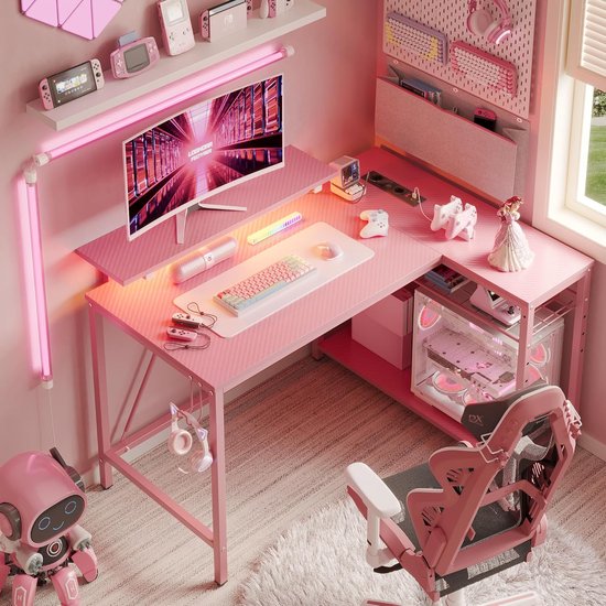 Your Paradise - L-vormig gaming-bureau met ledverlichting, stopcontacten, 2 planken en haken, compact hoekbureau, omkeerbaar computertafel voor thuiskantoor, slaapkamer, kleine ruimtes, 106,5 cm