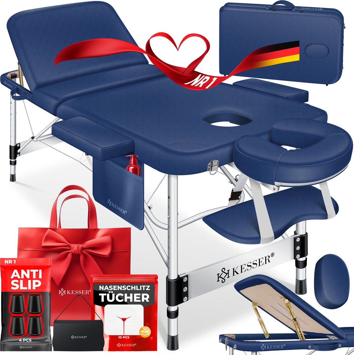Goedkoopste KESSER® Massagetafel inklapbaar 180x61x90cm | Behandeltafel 225kg Draagvermogen & In Hoogte Verstelbaar | Mobiele Massagebank 3-Zone | Aluminium Massagebed met Hoofdsteunen Armsteunen & opbergtas - Marineblauw
