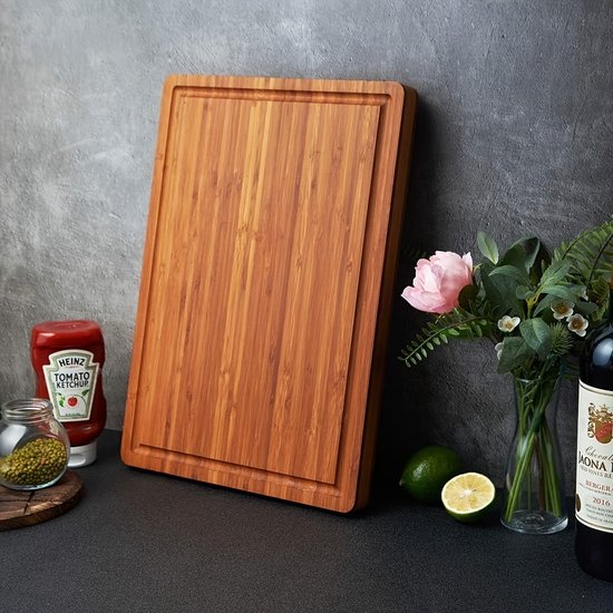 Hoogwaardige bamboe snijplank, hout, 45 x 30 x 2 cm, keukenplank, bamboe, groot, gepolijst, handwerk, in premium kwaliteit, 100% plasticvrije bamboe houten plank voor keuken, snijplank met sapgoot