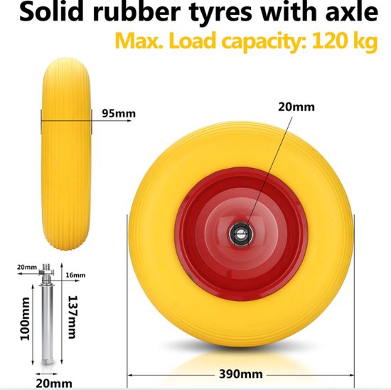 4x kruiwagenwiel massief rubber met as reservewiel band 4.80/4.00-8 390 mm VE van Merkloos	 — afbeelding 3
