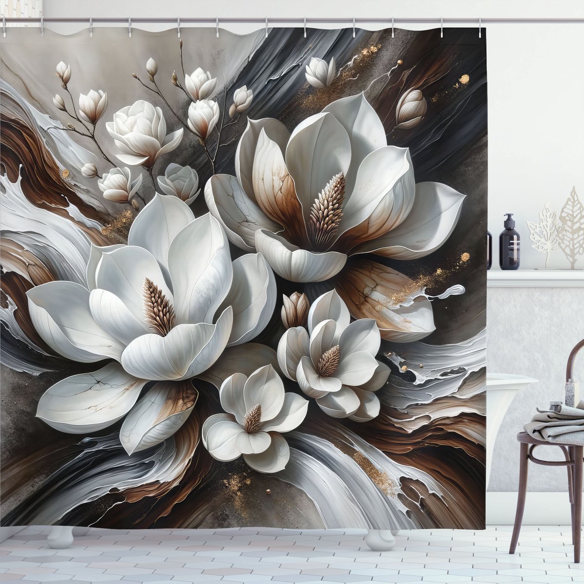 New Bed Bruin Magnolia op aquarel tinten Douchegordijn Badkamer Decor Set met Haakjes, 120 cm B 200 cm L